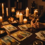 personne étudiant les cartes de tarot