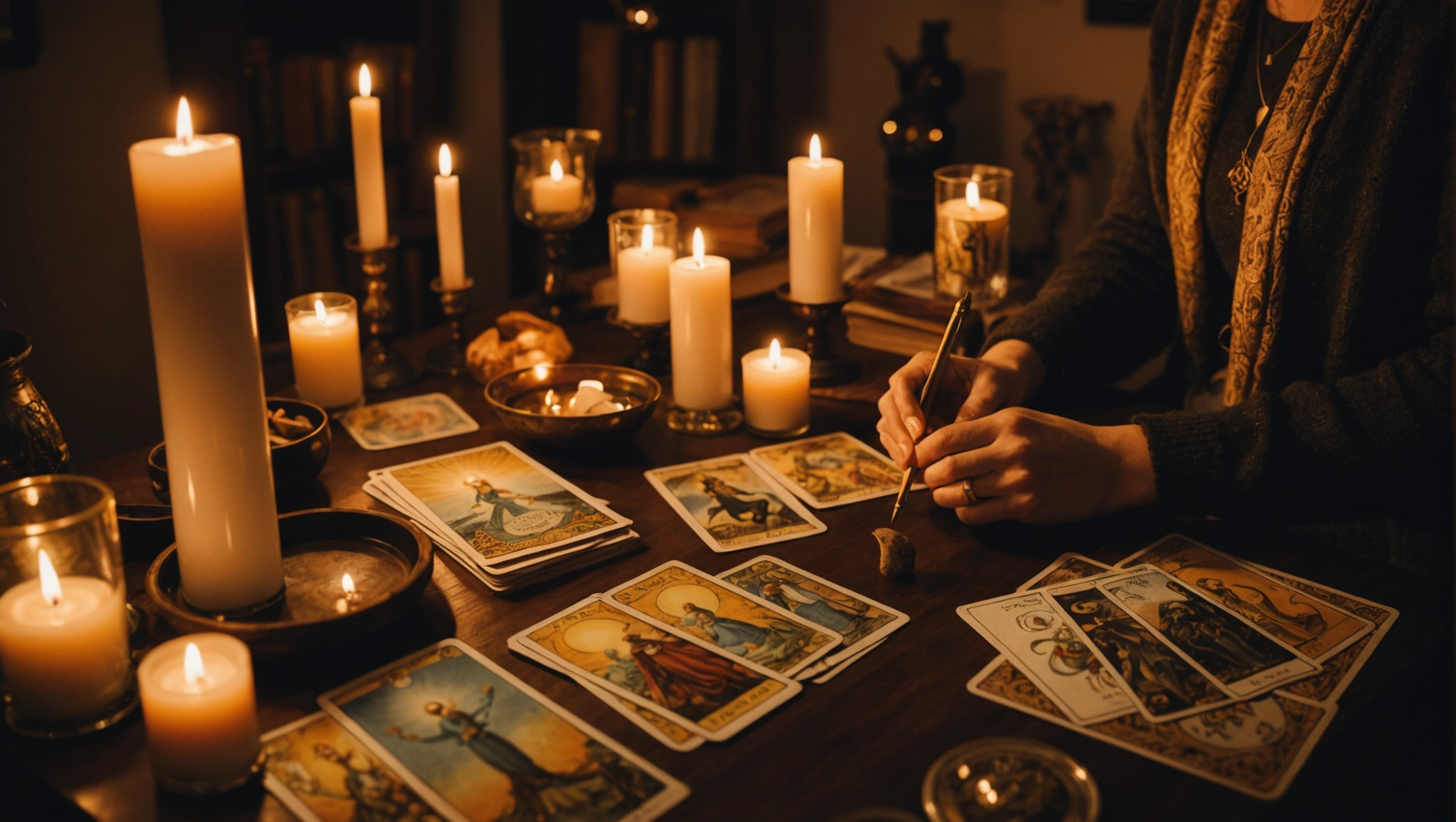 personne étudiant les cartes de tarot