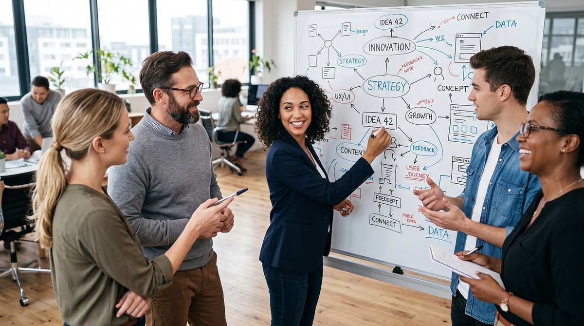 groupe professionnel discutant autour d'un tableau blanc d'idées groupe professionnel discutant autour d'un tableau blanc d'idées